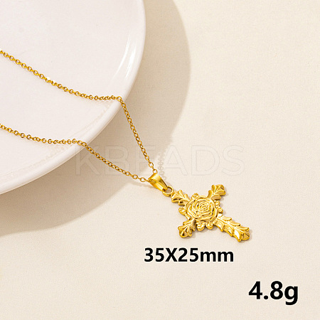 201 Stainless Steel Rose Cross Pendant Necklaces for Women FS-WG3C313-12-1