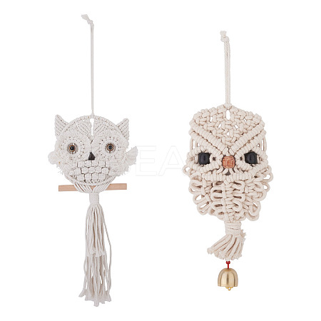 Owl Cotton Rope & Wood Beads Wind Chime Pendant HJEW-CF0001-05-1
