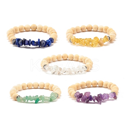 Natural Wood  Round Beads Stretch Bracelet BJEW-JB07277-1