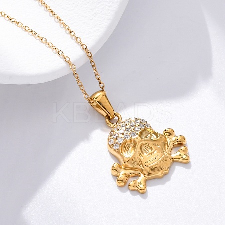 304 Stainless Steel Crystal Rhinestone Skull Pendant Necklaces NJEW-Z057-03C-G-1