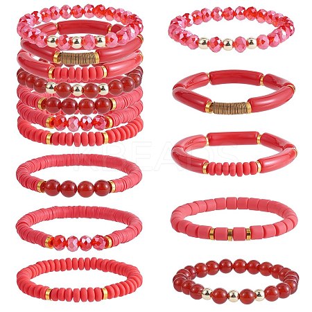 8Pcs 8 Style Natural Red Agate & Glass & Polymer Clay Heishi Surfer Stretch Bracelets Set BJEW-SW00083-1