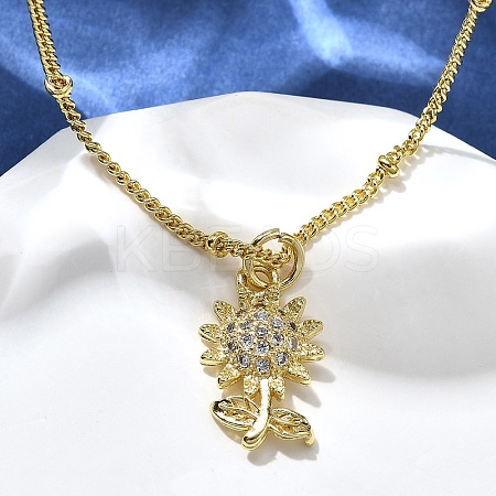Brass Micro Pave Clear Cubic Zirconia Sunflower Pendant Necklaces for Women NJEW-A039-01A-G-1