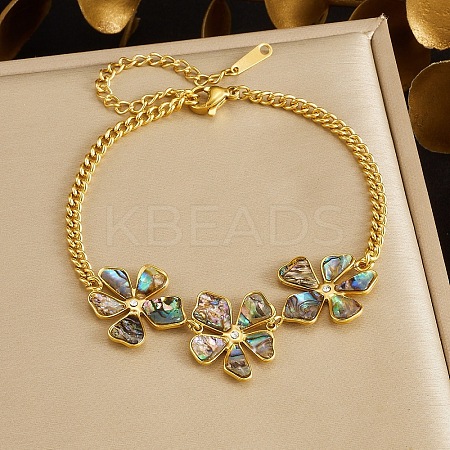 Natural Abalone Shell 304 Stainless Steel 3 Flower Link Bracelets for Women WGFB39D-01-1