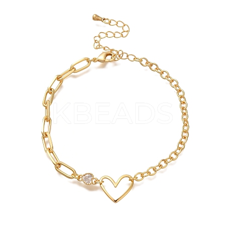Heart Brass Micro Pave Clear Cubic Zirconia Cable Chain Bracelets For Women Girl BJEW-L696-011G-1