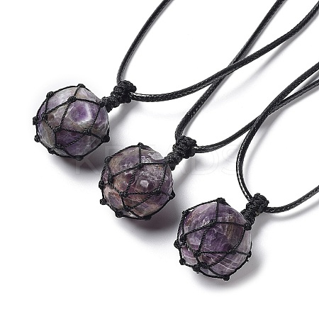 Natural Amethyst Round Pendant Necklace NJEW-H009-02-03-1