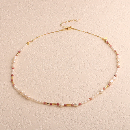 Natural Freshwater Pearl Rice & Natural Rhodonite Faceted Round Beaded Necklaces FS-WG15240-05-1