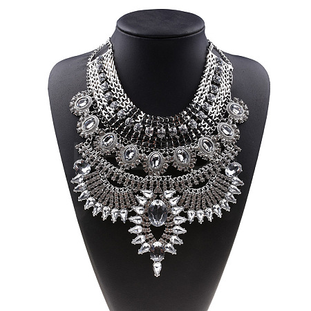 Alloy Crystal Rhinestone Trible Floral Chunky Bib Necklaces for Women FS-WG76656-04-1