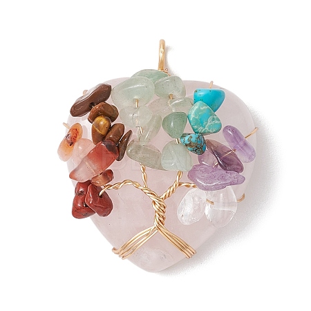 Natural Rose Quartz Copper Wire Wrapped Heart Pendants PALLOY-JF02847-01-1