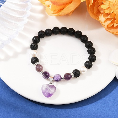 Natural Amethyst Heart Charms Bracelets BJEW-JB12402-02-1