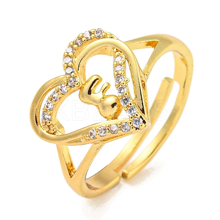 Heart with Letter Rack Plating Brass Micro Pave Clear Cubic Zirconia Adjustable Rings for Women RJEW-I105-01G-F-1