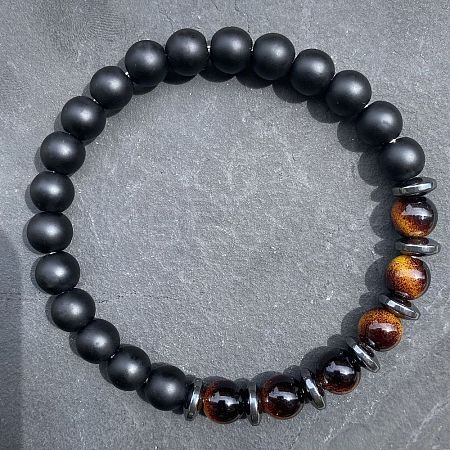 Natural Tiger Eye & Matte Black Obsidian Round Beads Stretch Bracelets for Men Women UT1293-3-1