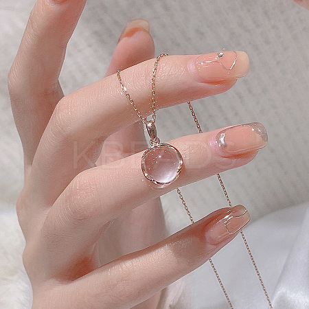 Flat Round Brass Pave Natural Rose Quartz Pendant Necklaces for Women WG46560-02-1