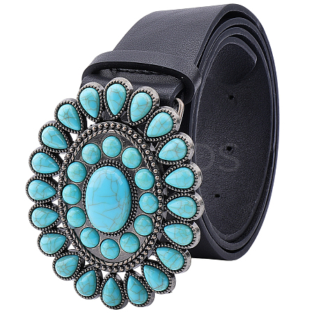 1Pc Black PU Leather Belts with Alloy Acrylic Imitaiton Turquoise Flower Clasps for Women AJEW-CL0001-38-1