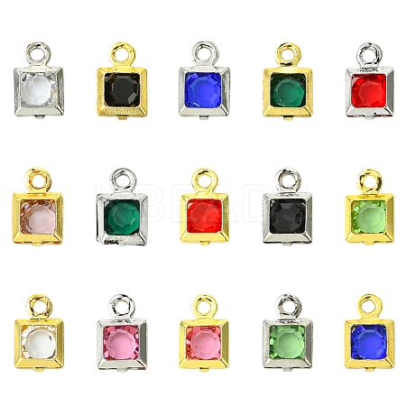 30Pcs 15 Colors Square Rack Plating Brass Glass Charms KK-FS0001-40-1