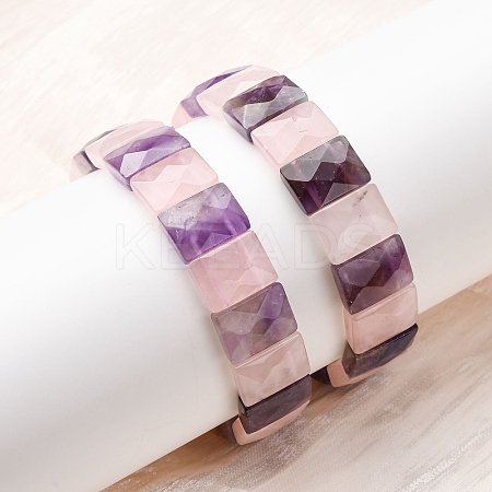 Rectangle Natural Amethyst & Rose Quartz  Beads Stretch Bracelets for Women Men BJEW-Z149-01E-1