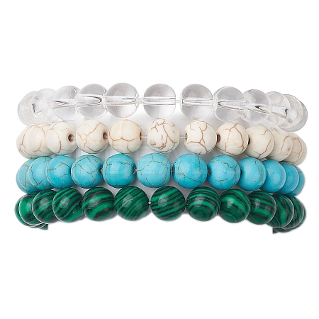 4Pcs Constellation 8mm Round Synthetic Turquoise & Quartz Crystal & Malachite & Magnesite Beaded Stretch Bracelets for Women BJEW-JB10634-1