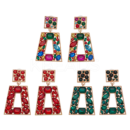 3 Pairs 3 Colors Rhinestone Rectangle with Trapezoid Dangle Stud Earrings EJEW-AN0001-03-1