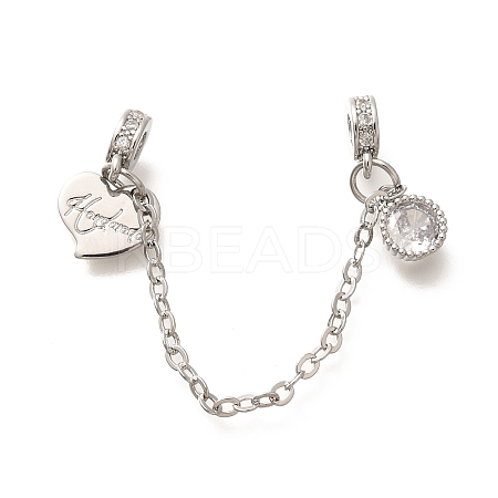 Brass Clear Cubic Zirconia European Safety Chains with Heart Charms KK-C085-15P-1