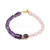 Natural Rose Quartz & Natural Amethyst & Brass Round & Prism Beaded Bracelets for Women BJEW-G752-01G-06-4