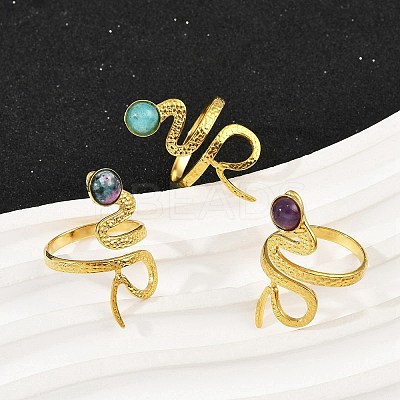316 Stainless Steel with Natural Mixed Gemstone Cuff Rings RJEW-Z098-01G-07-1