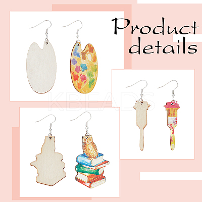 2 Pair 2 Style Book & Brush & Palette Single Face Printed Wood Dangle Earrings EJEW-AN0002-74-1