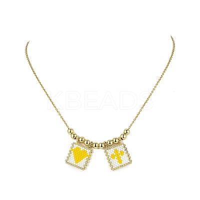 Rectangle with Cross & Heart Glass Seed Beaded Pendant Necklace NJEW-MZ00015-01-1