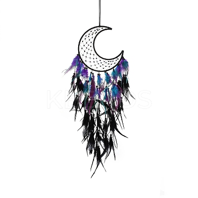 Moon Woven Web/Net with Feather Hanging Ornaments HJEW-G025-09A-1