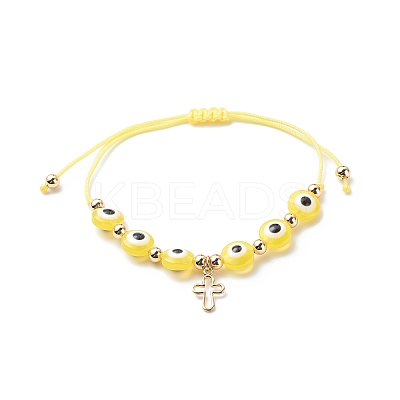 Brass Tiny Cross Charms Braided Beaded Bracelets for Women BJEW-JB08743-1