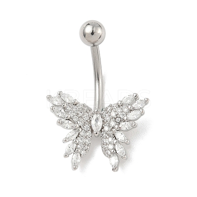 Brass Pave Clear Cubic Zirconia Curved Barbell Butterfly Belly Rings LS-AJEW-L099-01A-P-1