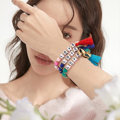 5Pcs 5 Colors Word Love Beads Stretch Bracelets Set for Girl Women BJEW-SZ0001-97-1