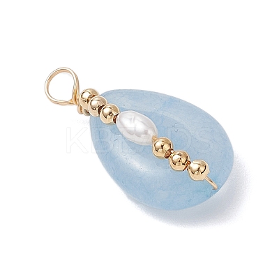 Copper Wire Wrapped Natural Aquamarine & Natural Cultured Freshwater Pearl Beads Pendants PALLOY-JF03645-05-1
