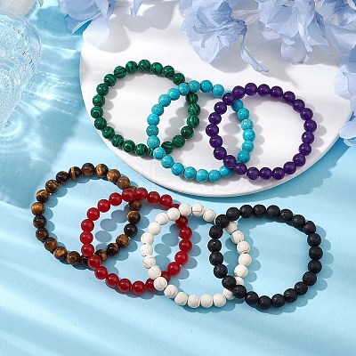 12Pcs 12 Styles 8mm Mixed Gemstone Round Beaded Stretch Bracelets Sets BJEW-JB10929-1