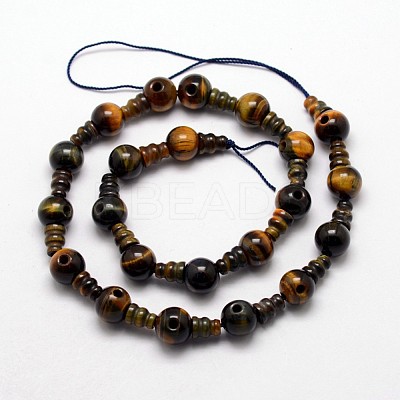Natural Yellow Blue Tiger Eye(Dyed & Heated) 3-Hole Guru Bead Strands G-K149-08-1