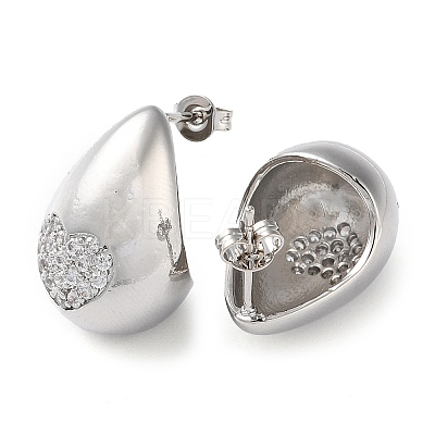 Teardrop with Heart Brass Micro Pave Clear Cubic Zirconia Stud Earrings EJEW-A034-02P-1