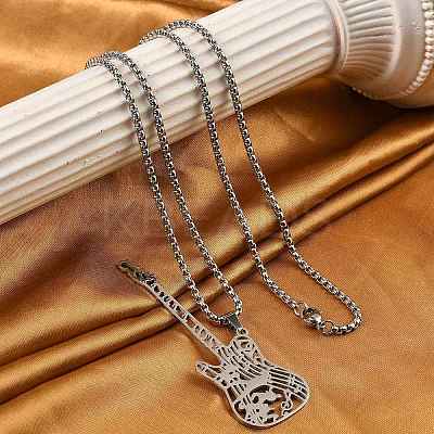 201 Stainless Steel Hollow Guitar Pendant Box Chain Necklaces NJEW-M086-03P-1