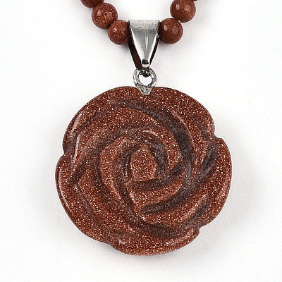 Synthetic Goldstone 4.5mm Round Beaded Flower Pendant Necklaces NJEW-T016-04J-1
