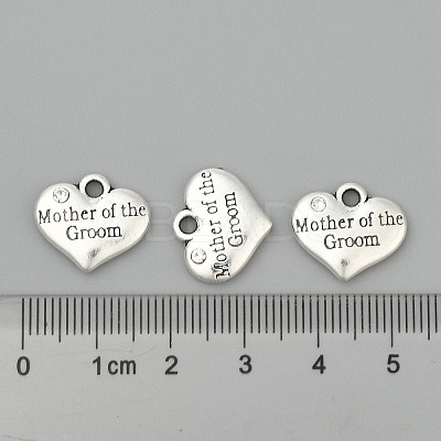 Wedding Theme Antique Silver Tone Tibetan Style Alloy Heart with Mother of the Groom Rhinestone Charms LS-TIBEP-N005-17A-1