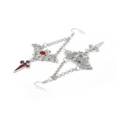 FireBrick Enamel Bat with Cross Pendant Necklace & Dangle Earrings SJEW-G081-03AS-1