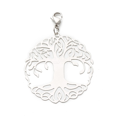 Tarnish Resistant Flat Round with Tree of Life 201 Stainless Steel Filigree Pendant Decorations LS-X-HJEW-JM00573-03-1