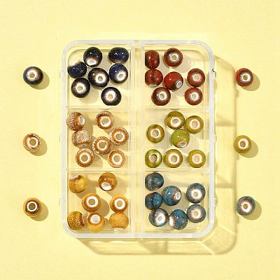 6 Colors Handmade Fancy Antique Glazed Porcelain Ceramic Round Beads PORC-FS0001-02-1