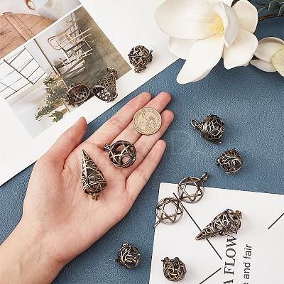 10Pcs 5 Styles Brass Hollow Cage Pendants KK-SC0003-06-1