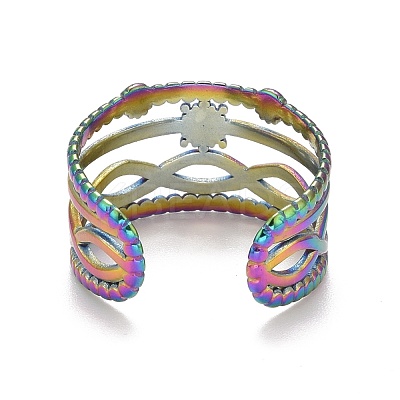 Rainbow Color Ion Plating(IP) 304 Stainless Steel Snowflake Open Cuff Ring for Women RJEW-A005-22MC-1