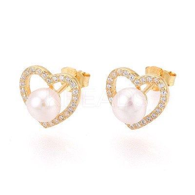 925 Sterling Silver Micro Pave Clear Cubic Zirconia Hear Stud Earrings STER-N016-78G-1