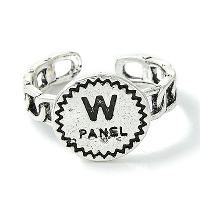 Flat Round with Word W Panel Alloy Open Cuff Finger Ring for Women RJEW-K275-14AS-1