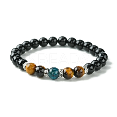 2Pcs 2 Style Dyed Natural Tiger Eye & Black Onyx Round Beaded Stretch Bracelets Set BJEW-TA00439-1