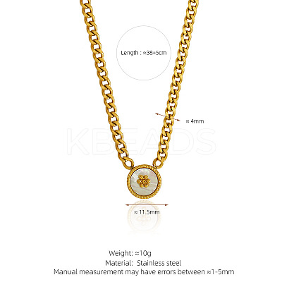 304 Stainless Steel & Natural White Shell Coin Pendant Curb Chain Necklaces for Women WG4C473-02-1