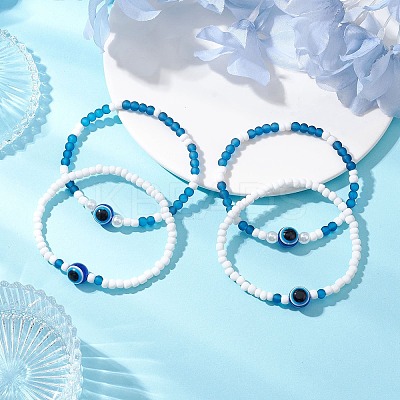 2Pcs 2 Styles Evil Eye Glass Beads Stretch Bracelets & Glass Seed Beads Stretch Bracelets for Women BJEW-JB11895-1