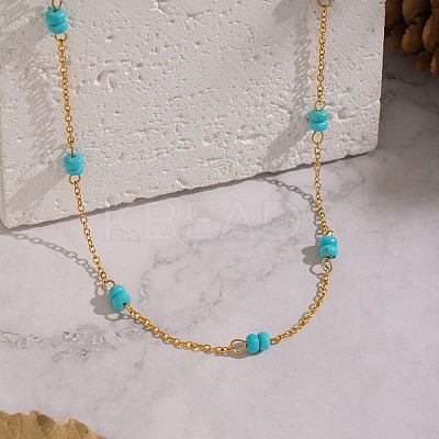 Minimalist Natural Stone Rondelle Beaded with 304 Stainless Steel Link Chain Necklaces JB6802-3-1