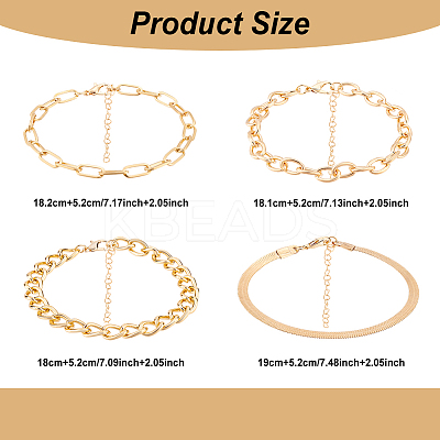 4Pcs 4 Style Alloy Curb & Cable & Paperclip & Herringbone Chain Bracelets Set for Men Women BJEW-AN0001-13-1