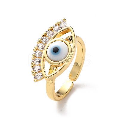 Lampwork Evil Eye Open Cuff Ring with Clear Cubic Zirconia RJEW-L104-02G-04-1